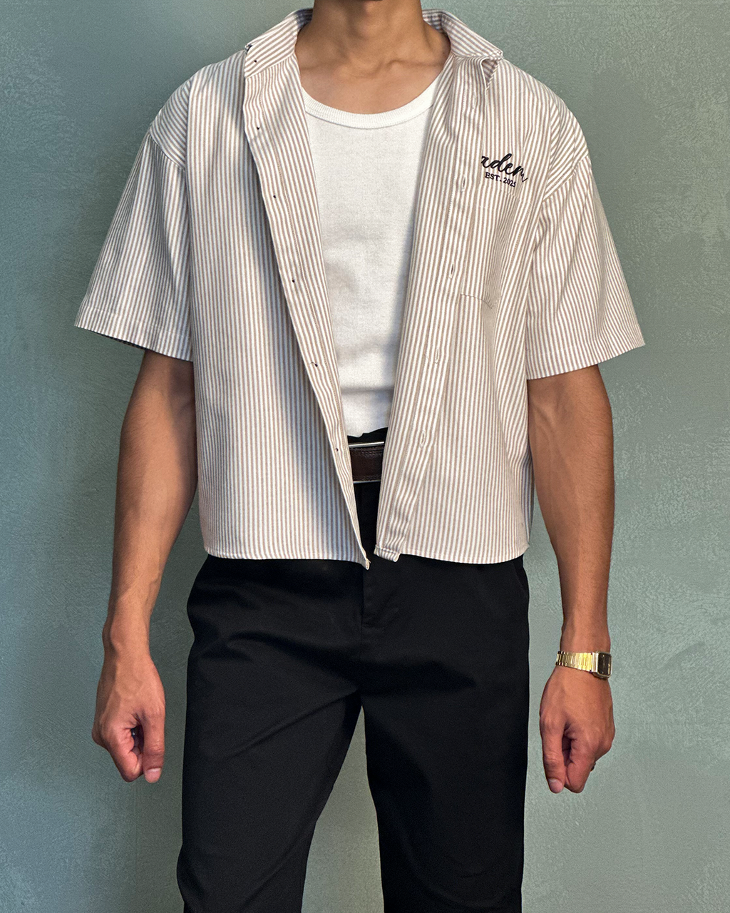 Beige Striped Boxy Shirt