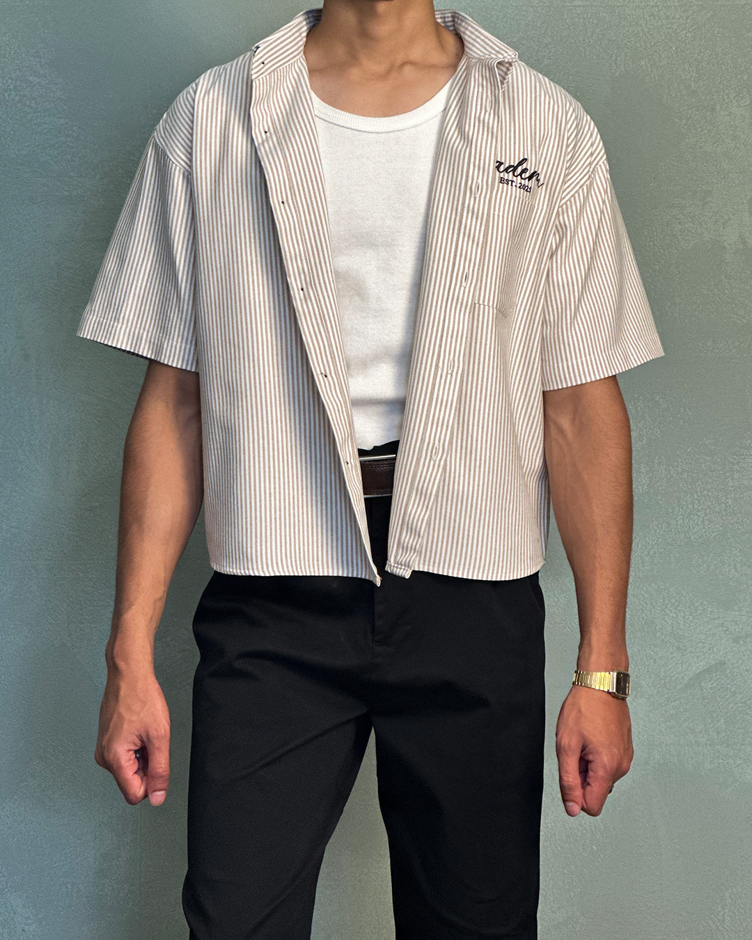 Beige Striped Boxy Shirt